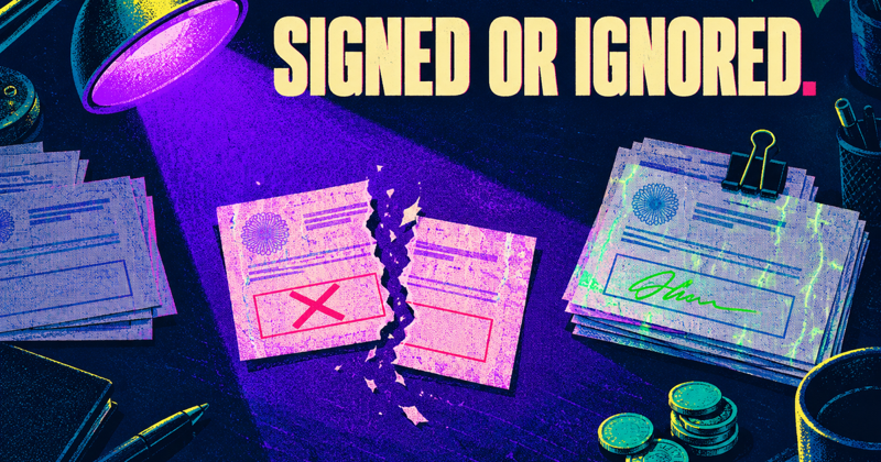 A violet inspection lamp lights a torn pink transfer slip marked with a red X, while a clipped stack of slips with a glowing green signature sits beside teal coins, under the headline SIGNED OR IGNORED.