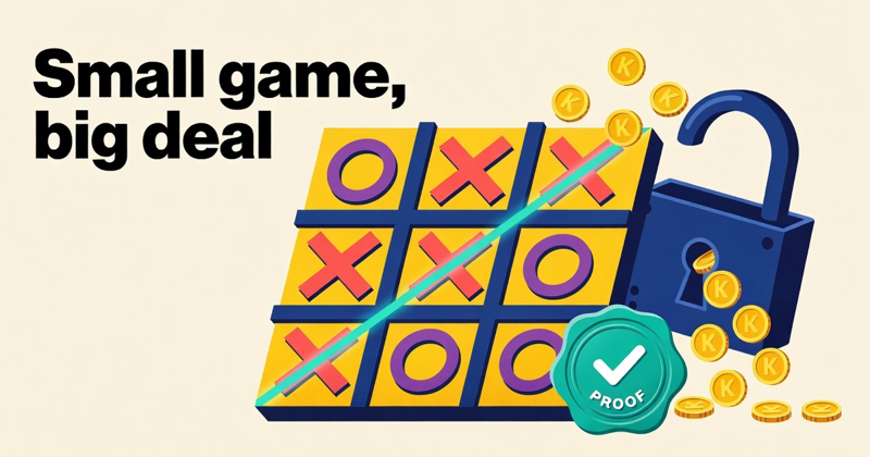 A tic-tac-toe board with a winning line of three X marks, a teal PROOF seal and an open padlock releasing gold coins.