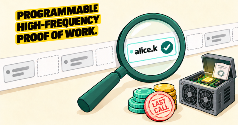 The headline PROGRAMMABLE HIGH-FREQUENCY PROOF OF WORK. above a row of name tags with empty dashed gaps between them. A dark green magnifying glass singles out one tag reading alice.k with a check seal, next to token coins under a red LAST CALL stamp and a mining machine with its lid open.