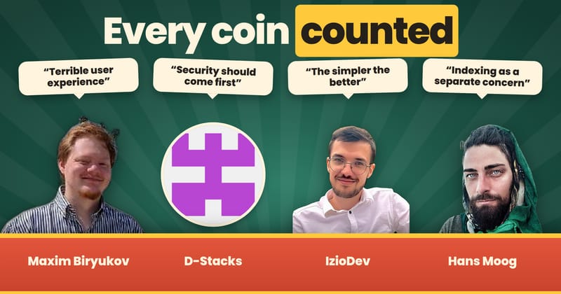 The headline Every coin counted above a debate panel of Maxim Biryukov, D-Stacks, IzioDev and Hans Moog behind a red desk, each with a short quote from the R&D chat