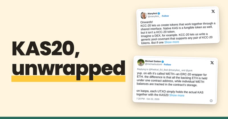 The headline KAS20, unwrapped beside Manyfest's post proposing KAS20 and Michael Sutton's post comparing it with WETH on Ethereum