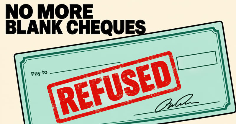 A hand signs a cheque while a second hand waits with an eraser over the blank payee line