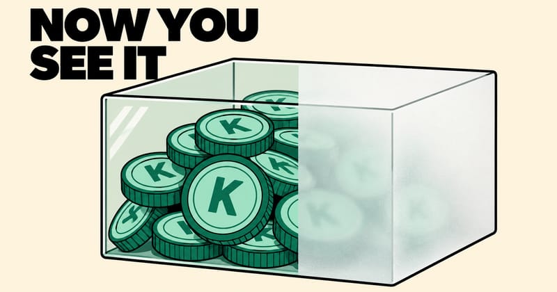 A transparent glass box receives KAS coins through a slot, paying some out to a waiting hand while a stamped rejected slip falls aside