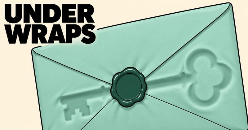 A giant sealed envelope with the outline of a key pressing through the paper