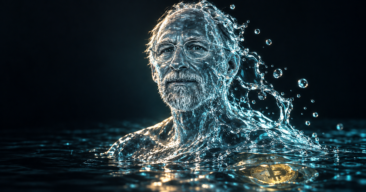 AI-generated editorial illustration of Adam Back formed entirely from liquid water.