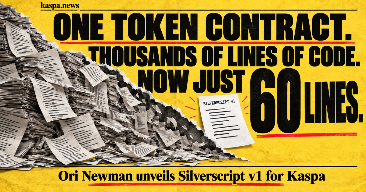 Yellow newspaper illustration contrasting a pile of code pages with a single Silverscript contract sheet.